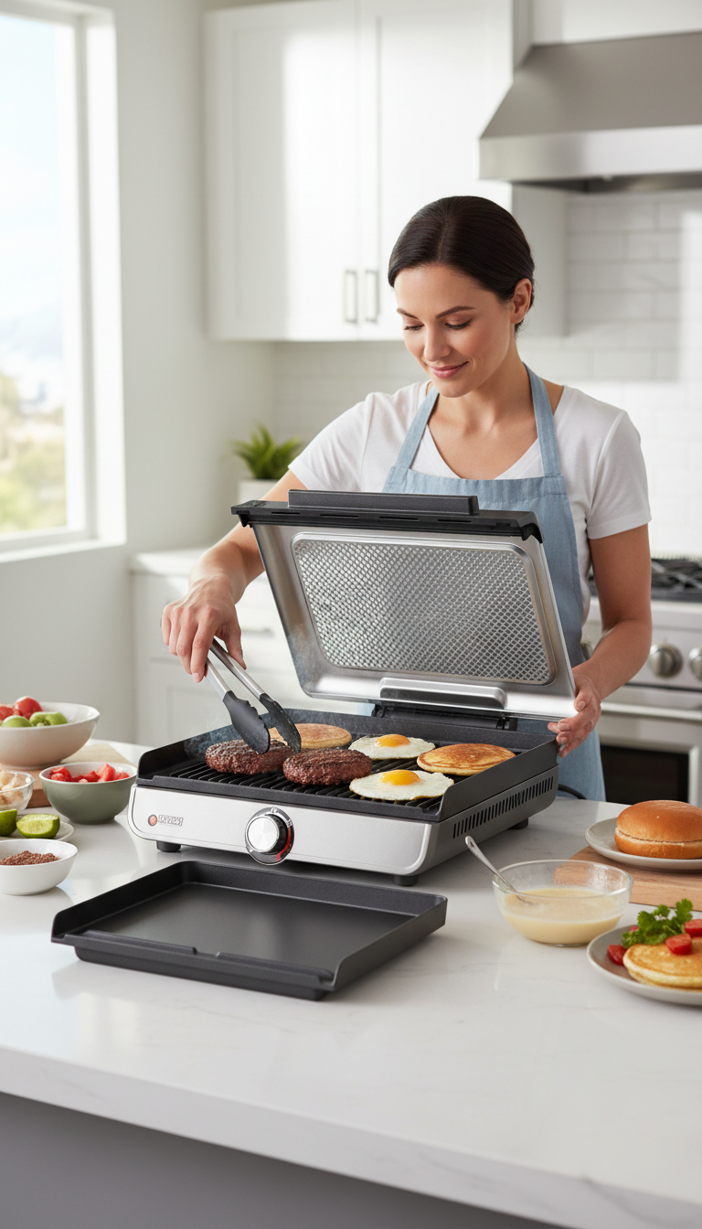 A Photo Showing The Ninja Sizzle On A Kitchen Counter With An Infrared Thermometer Pointed At The Cooking Surface And Various Foods (Like A Steak And Some Vegetables) Being Cooked.