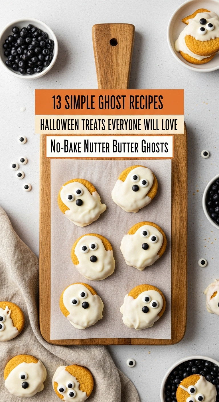 No Bake Nutter Butter Ghosts With Candy Eyeballs On A Rustic Wooden Board And Linen Napkin