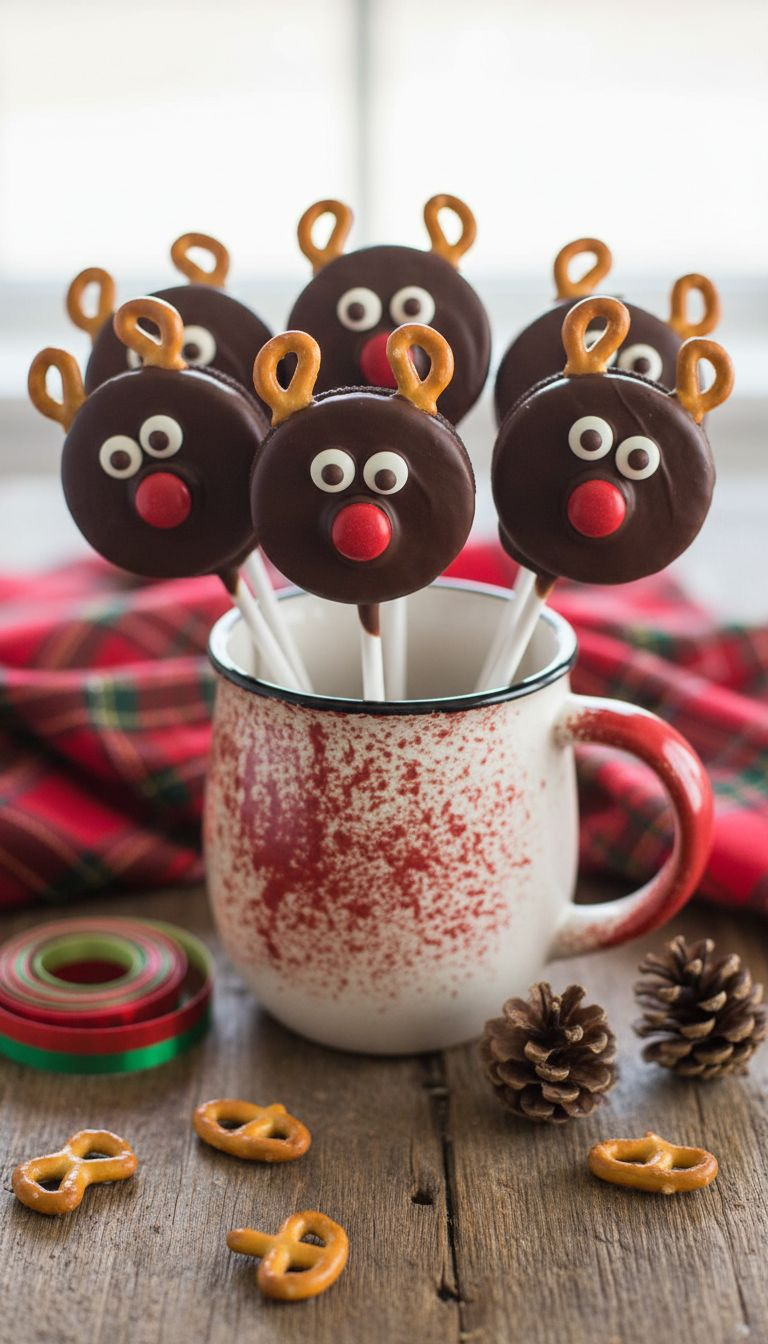 No-Bake Reindeer Oreo Pops: Chocolate-Dipped, Pretzel Antlers, Red M&Amp;M Noses. Standing In A Festive Mug On A Rustic Table.