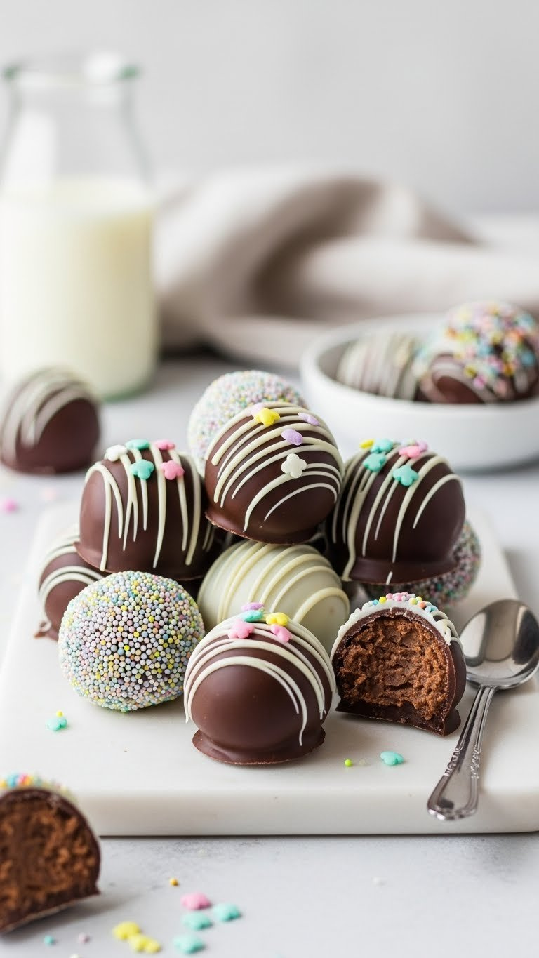No-Bake Easter Egg Truffles Coated In Chocolate With Colorful Sprinkles And White Chocolate Drizzle On Marble Tray