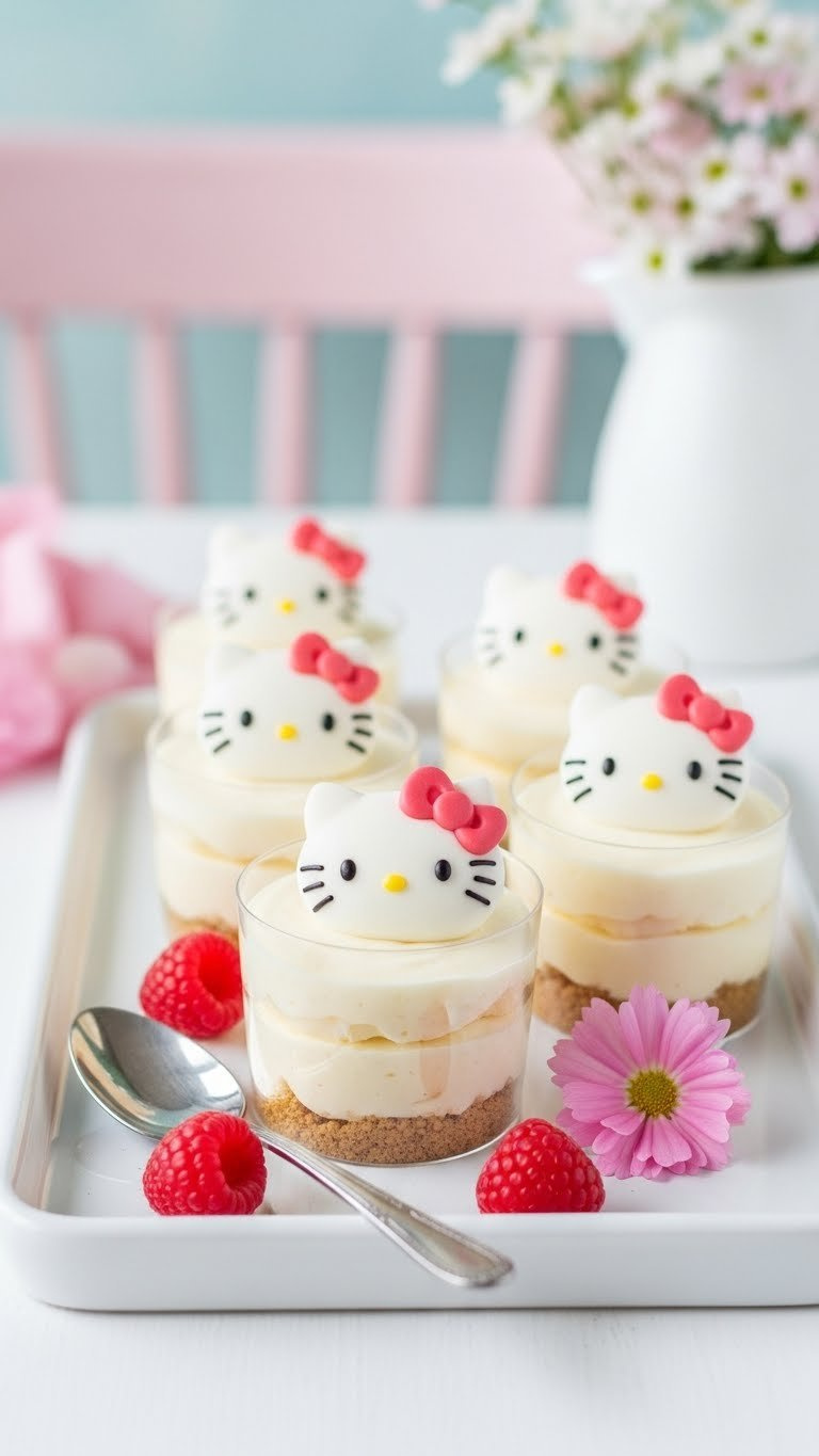 No-Bake Hello Kitty Cheesecake Cups With Creamy Filling And Pink Cream Decorations In Clear Dessert Cups.