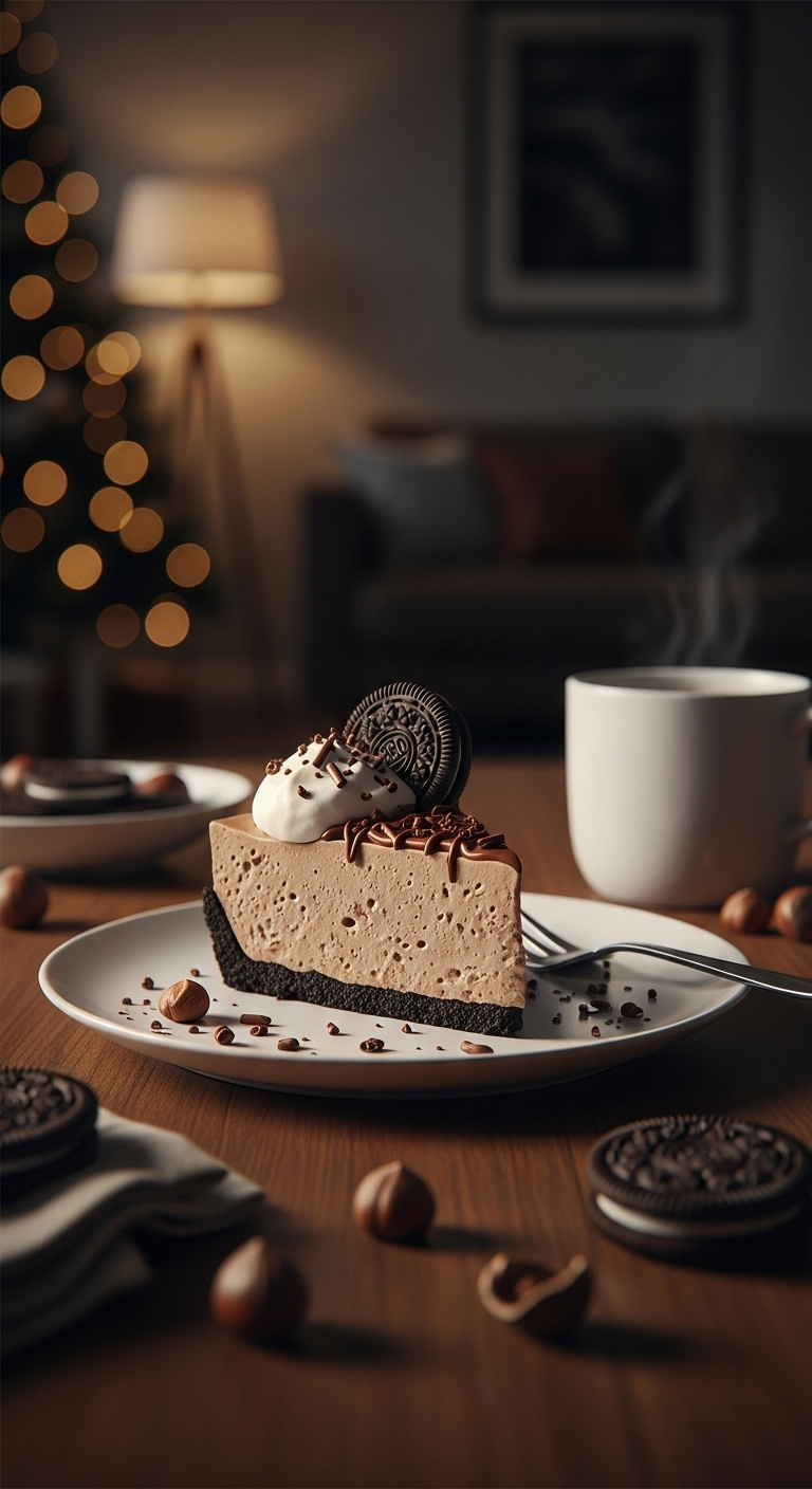 No Bake Nutella Mousse Pie Slice With Oreo Crust Whipped Cream And Chocolate Shavings On A White Plate