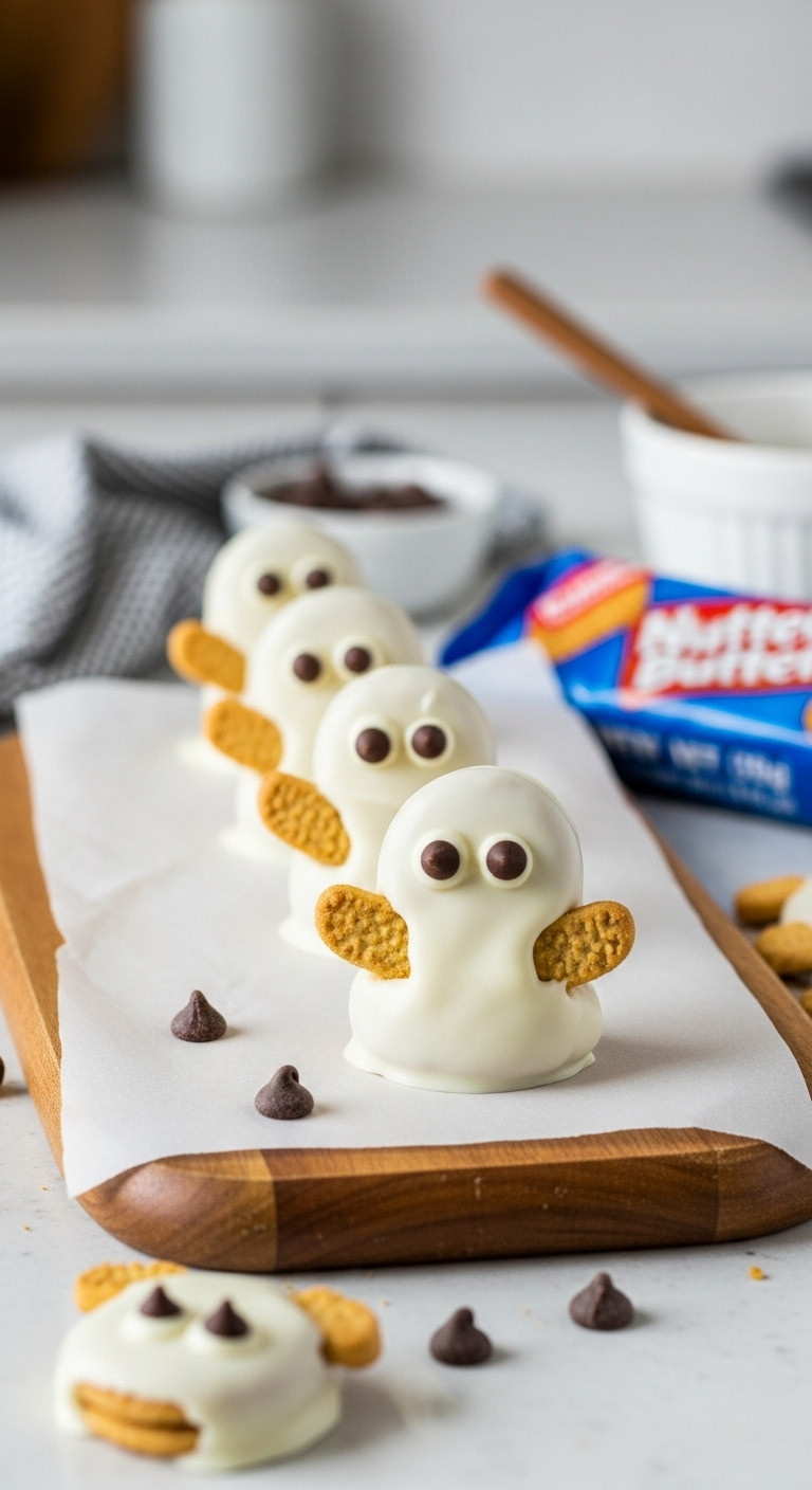 No-Bake Nutter Butter Ghosts With White Chocolate And Mini Chocolate Chip Eyes On Parchment Paper For Cute Halloween Party Fun