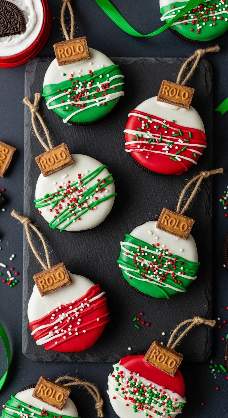 No-Bake Oreo Christmas Ornament Cookies Dipped In Chocolate With Colorful Sprinkles And A Rolo Cap On A Dark Slate Board.