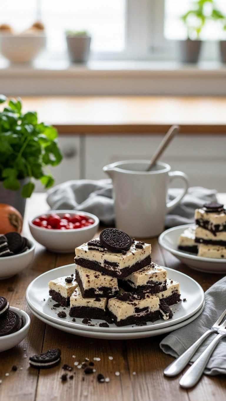 No Bake Oreo Fudge On Rustic Wooden Table