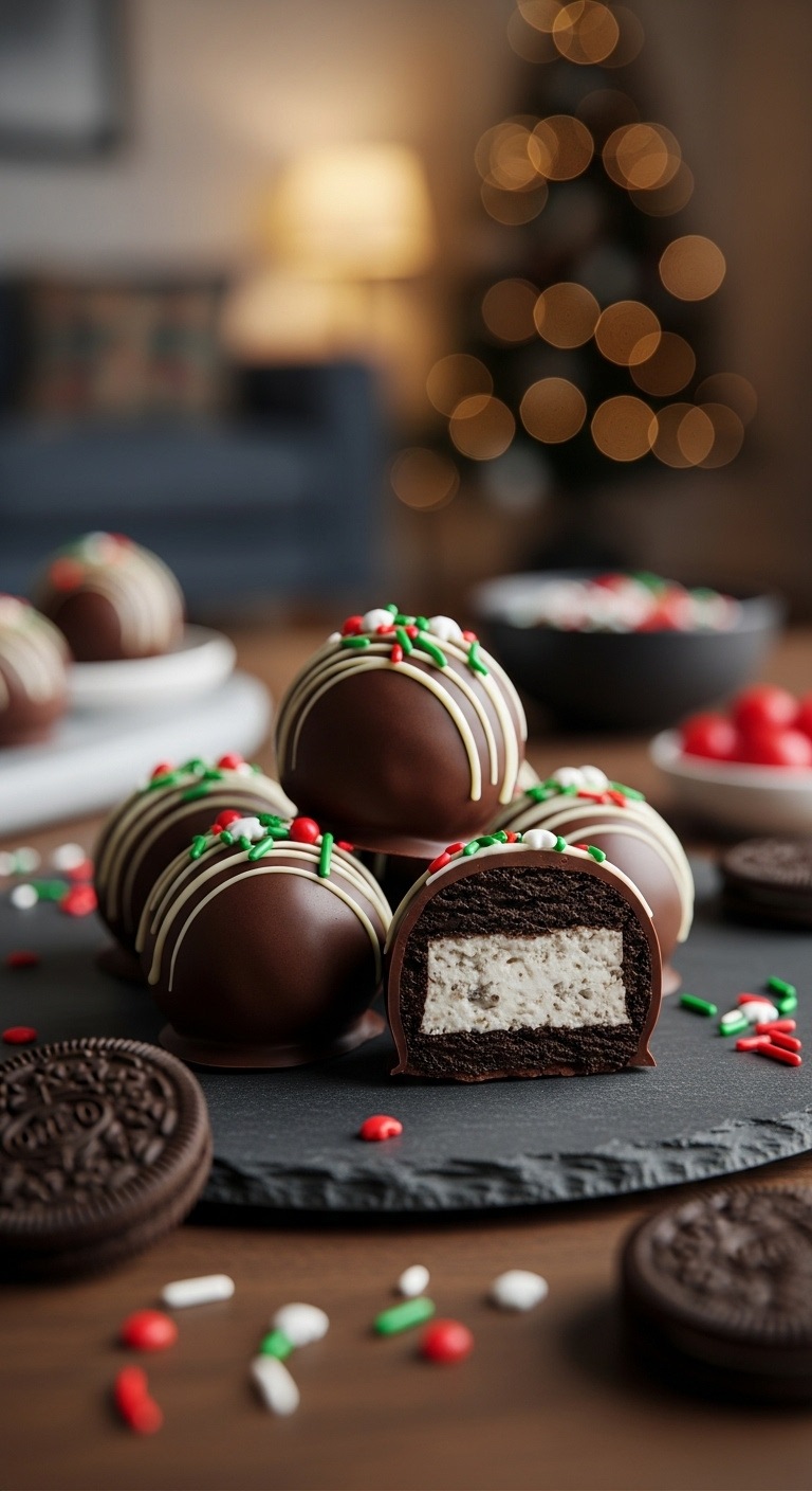 No Bake Oreo Truffles With White Chocolate Drizzle And Festive Sprinkles On A Slate Platter