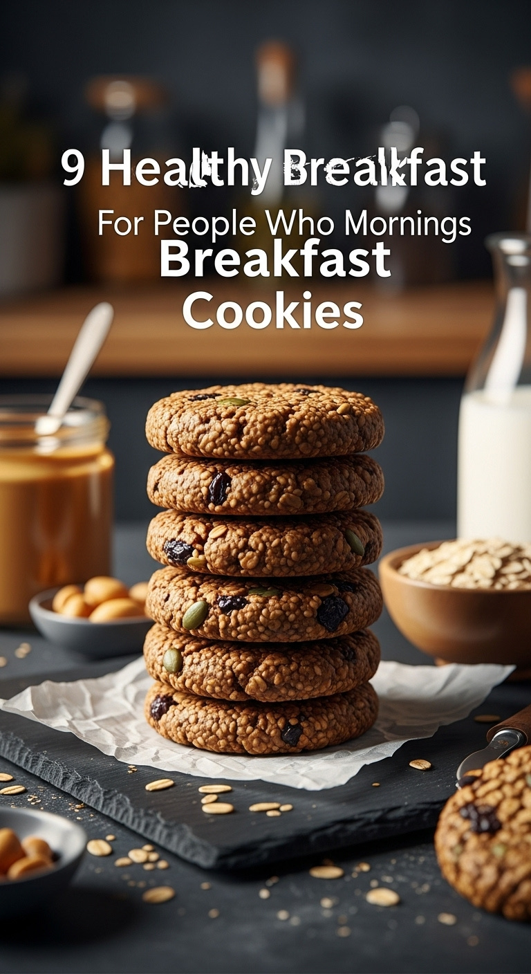No-Bake Breakfast Cookies Stacked On Parchment Paper Showing Oats Seeds And Dried Fruit On A Dark Slate Board With Peanut Butter And Milk