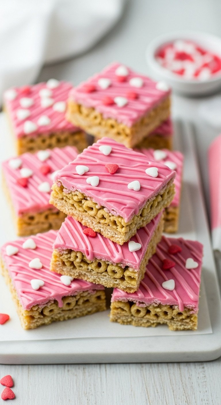 No-Bake Cereal Bars With Pink Icing Drizzle &Amp; White Heart Sprinkles, Individually Wrapped, Arranged On A White Tray.