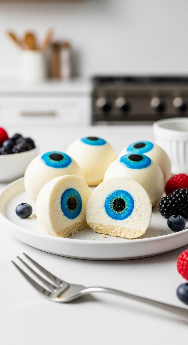 No Bake Cheesecake Eyeballs With Creamy White Blue And Black Iris Pupil On A Minimalist White Plate