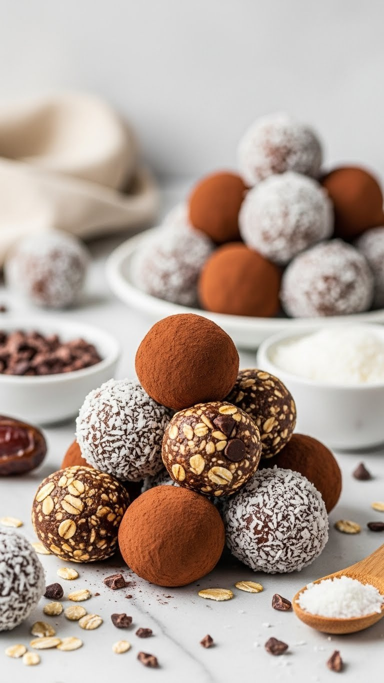 No-Bake Chocolate Energy Bites Pyramid With Cocoa Powder Coating On Marble Countertop In Bright Daylight