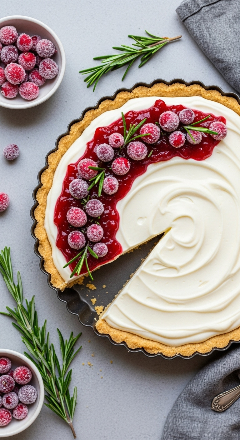 No-Bake Cranberry White Chocolate Tart With Shortbread Crust, Ganache, Cranberry Sauce, Sugared Cranberries, And Rosemary.