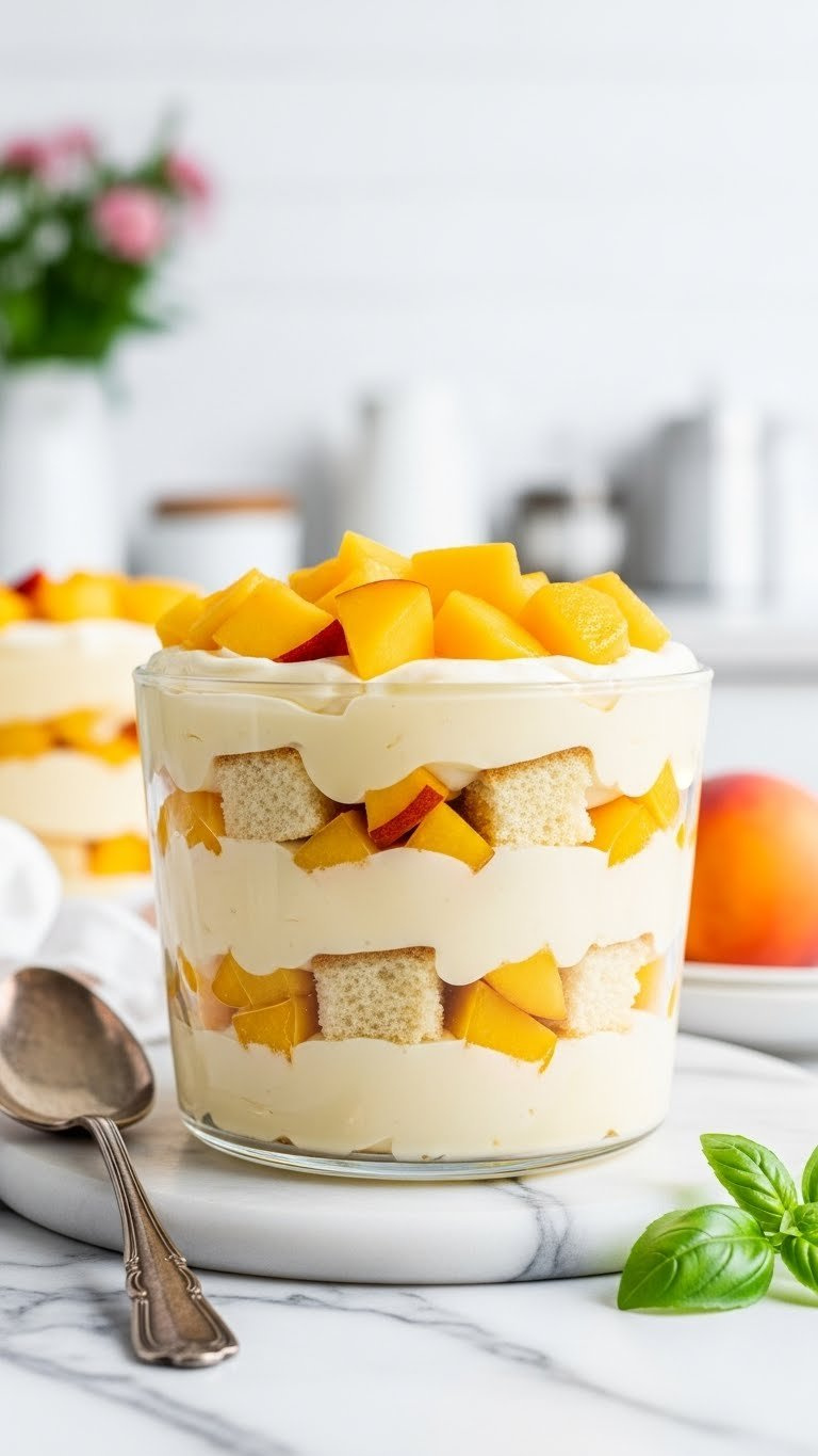 No-Bake Creamy Peach Trifle In A Clear Glass Dish, Layered With Custard, Peaches, And Vanilla Wafers, Topped With Fresh Peaches.