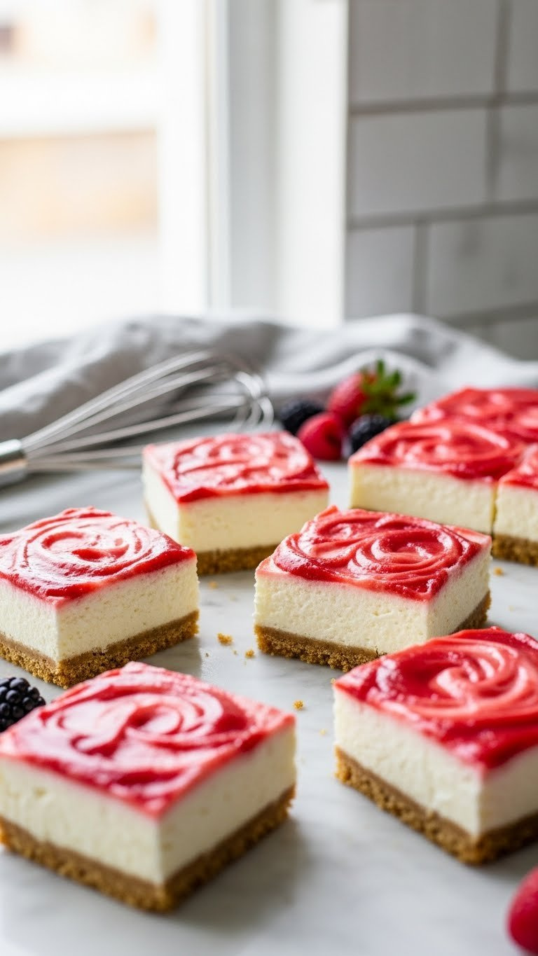 No-Bake Eggless Cheesecake Bars With Graham Cracker Crust, Creamy Filling, And Strawberry Puree Swirl On Marble. Bright Flat Lay.