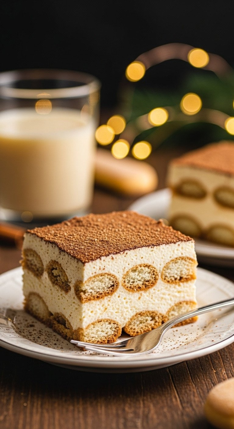 No-Bake Eggnog Tiramisu Slice: Ladyfingers, Eggnog-Brandy, Mascarpone Filling, Nutmeg, Cinnamon. Decadent Holiday Recipe.