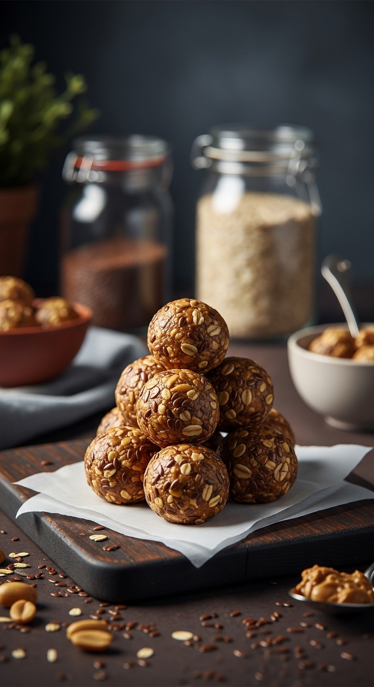 No-Bake Energy Balls With Oats Peanut Butter Flax Seeds On Parchment Paper And Wooden Board