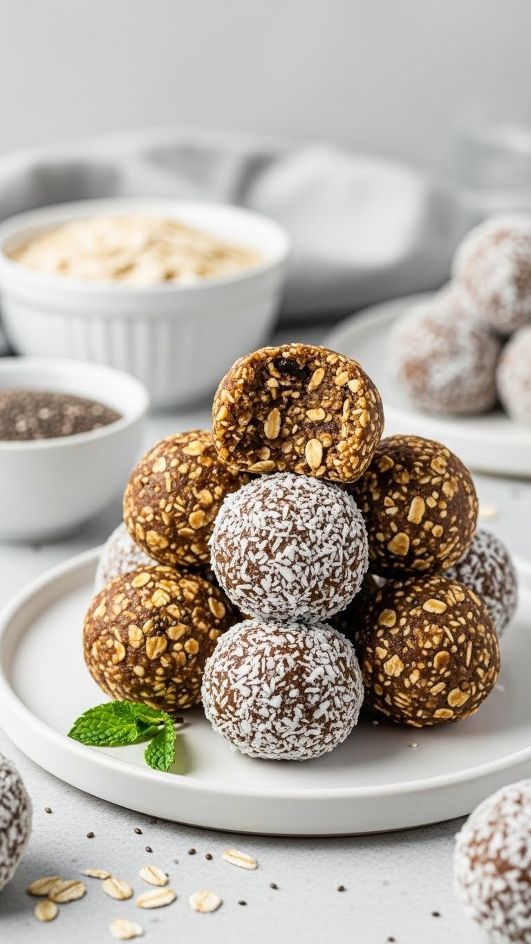 No-Bake Energy Bites Made With Oats And Chia Seeds, Rolled In Coconut On A White Ceramic Plate With Mint Garnish.