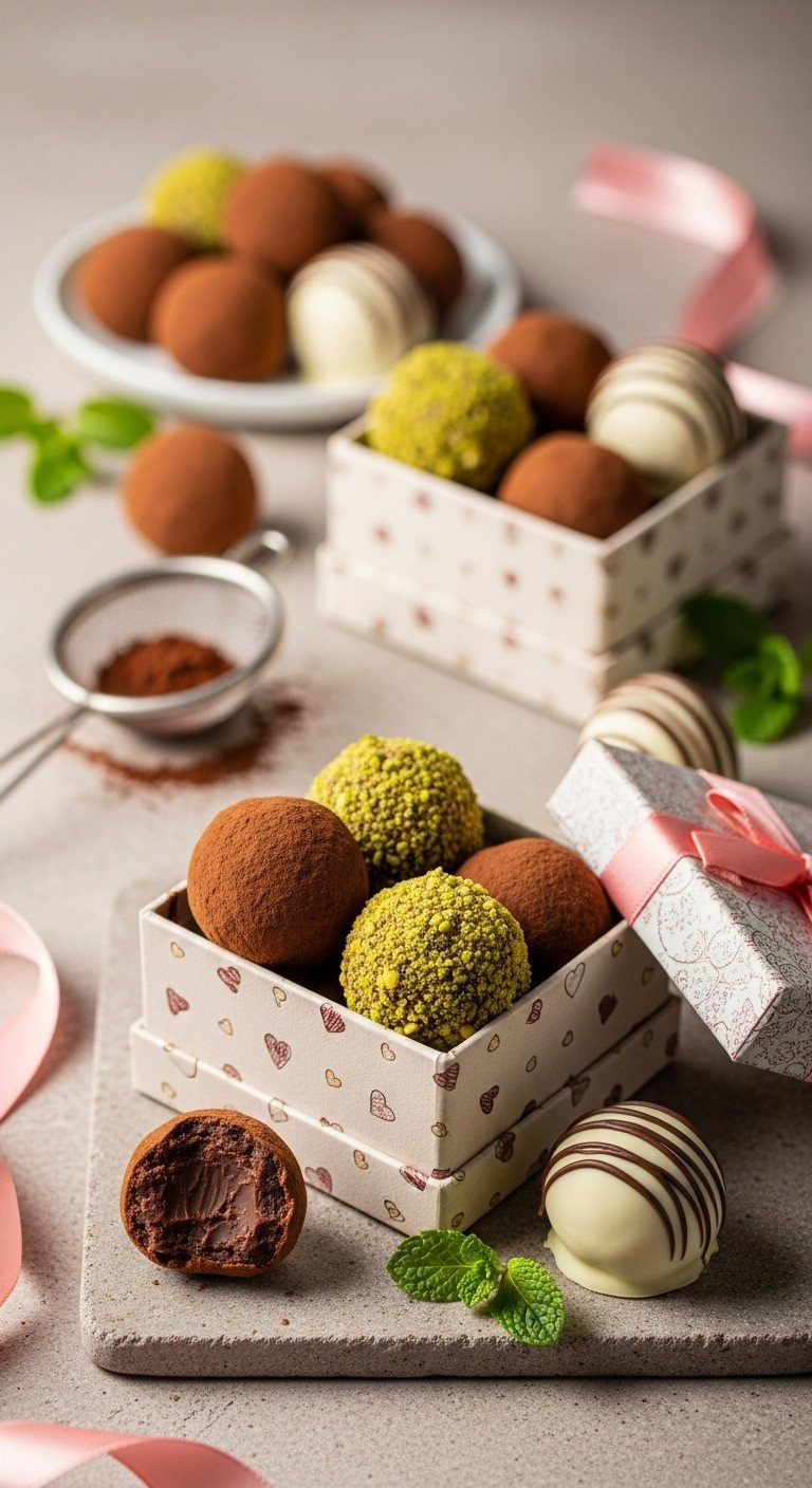 No-Bake Gluten-Free Chocolate Truffles With Cocoa, Pistachios, White Chocolate Drizzle In A Valentine Gift Box.