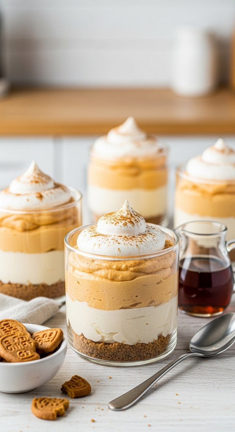 No-Bake Gluten-Free Pumpkin Cheesecake Mousse Cups. Layered Gf Cookie Crust, Orange Mousse, Whipped Cream. Easy Fall Dessert.