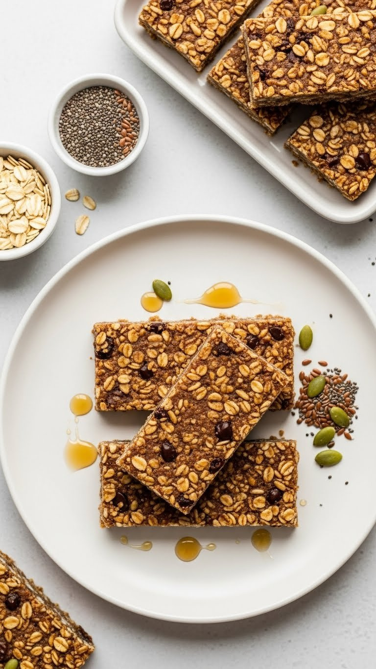 No-Bake Granola Bars With Rolled Oats And Seeds Texture On Clean White Plate In Bright Airy Daylight.