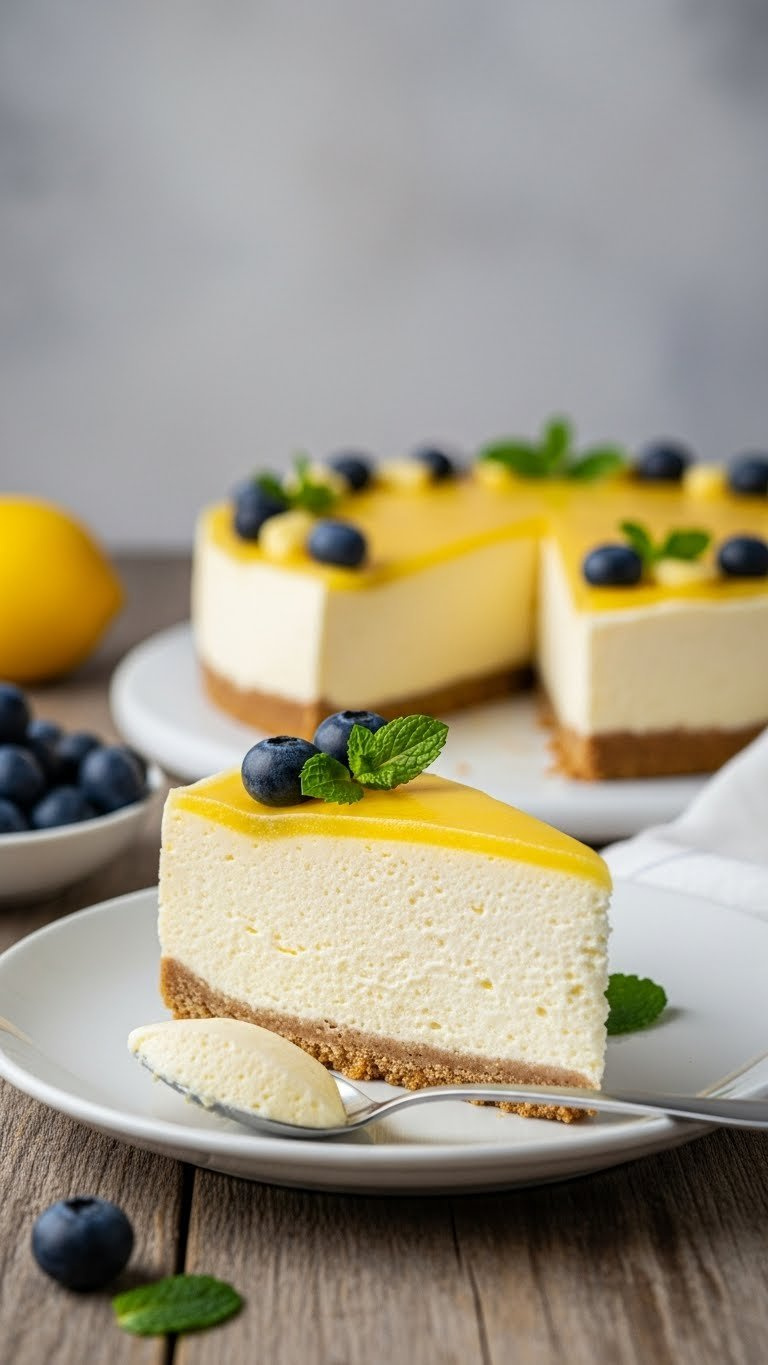 No-Bake Lemon Mousse Cheesecake Slice, Pale Yellow Mousse &Amp; Graham Crust, Topped With Fresh Blueberries &Amp; Mint On Rustic Wood.