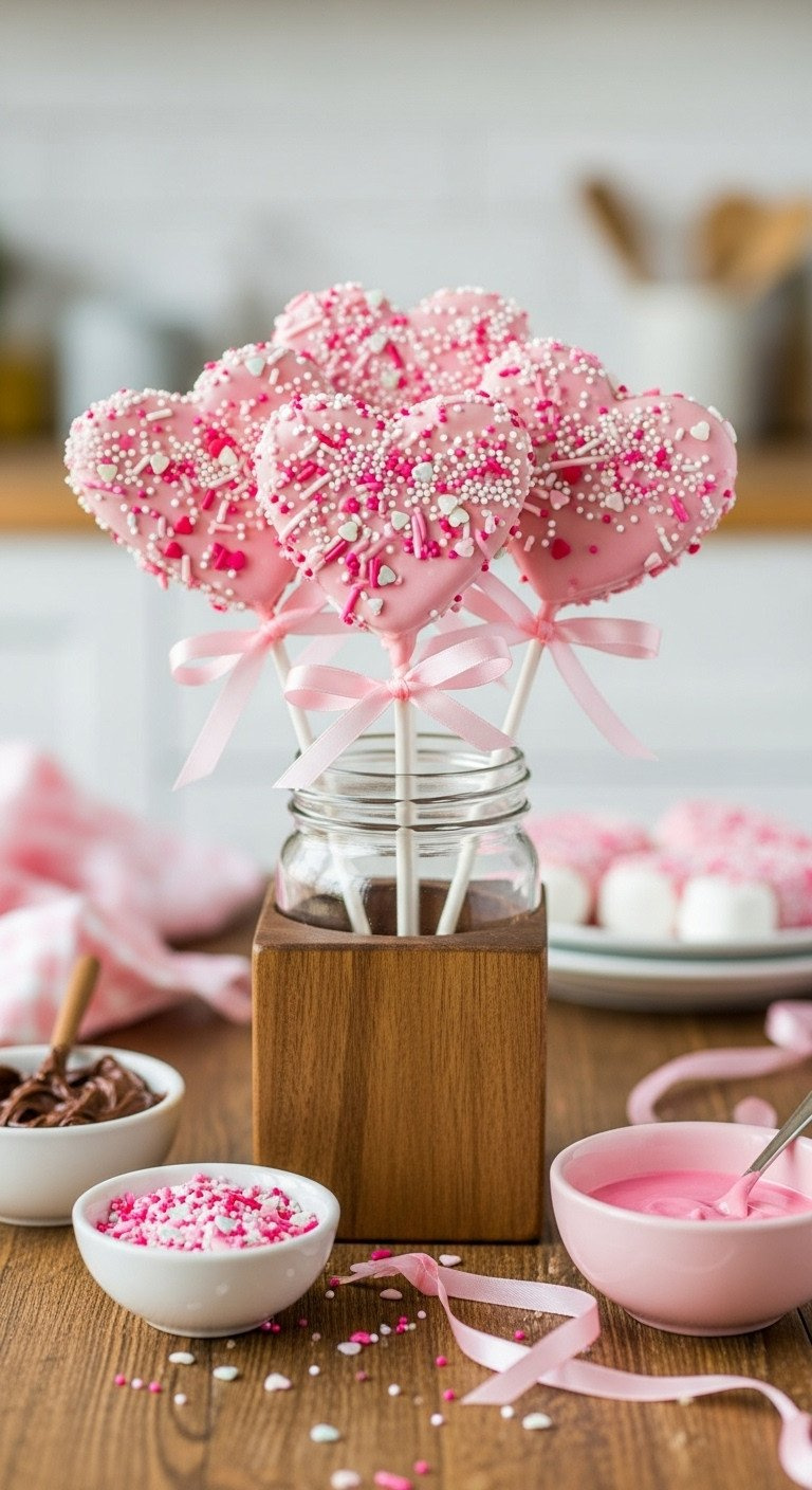 No-Bake Marshmallow Heart Pops Dipped In Pink/White Chocolate With Sprinkles, On Sticks In A Rustic Wooden Block.