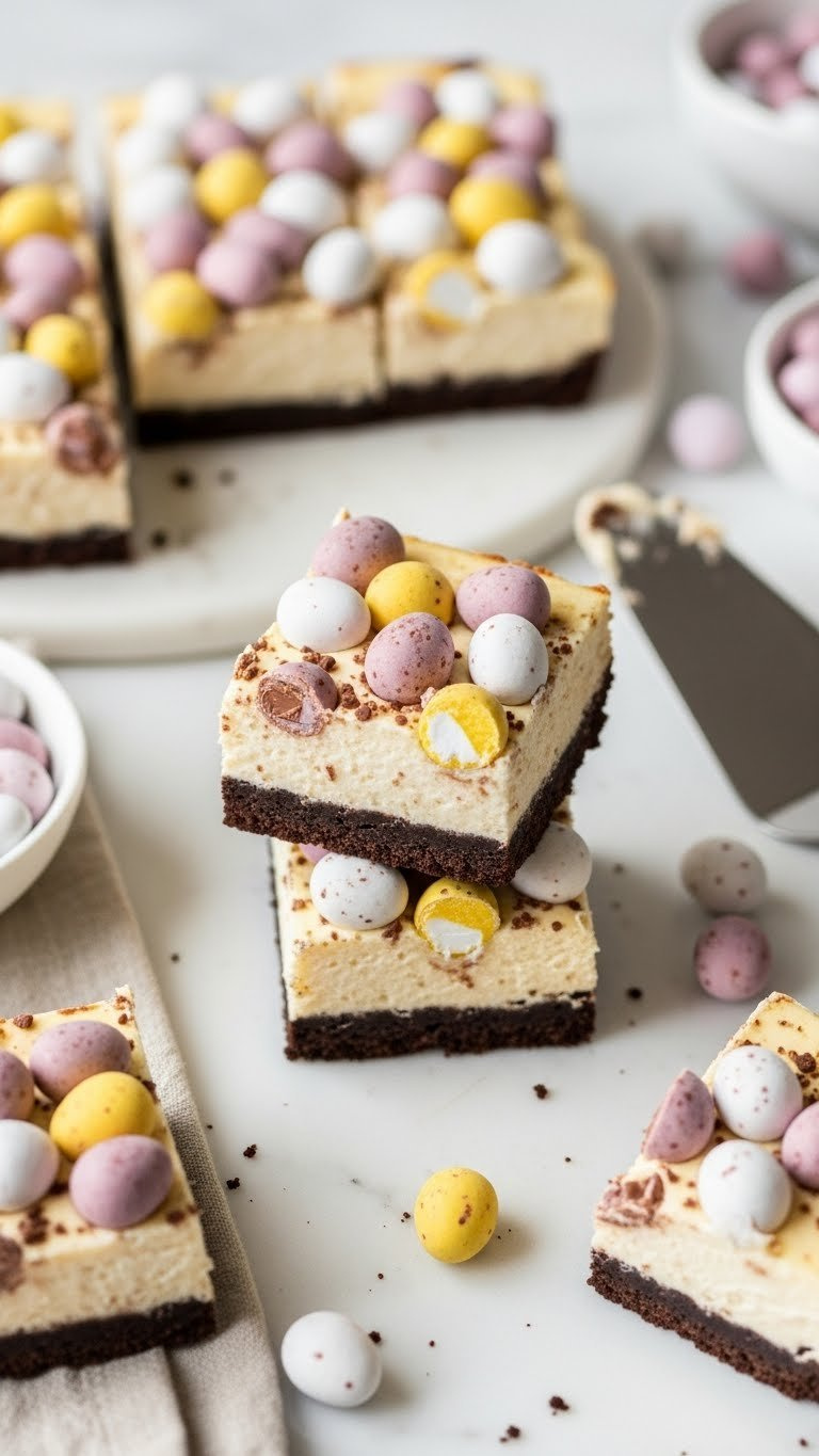 No-Bake Mini Egg Cheesecake Bars With Chocolate Cookie Crust, Creamy Layers, And Colorful Egg Topping.