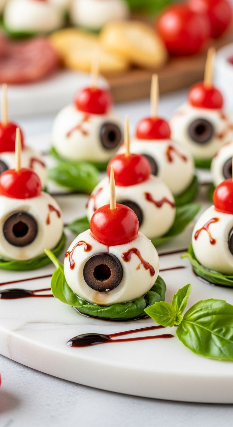 No Bake Mozzarella Eyeball Bites With Black Olive And Pimento Pupils On A White Marble Platter With Balsamic Glaze