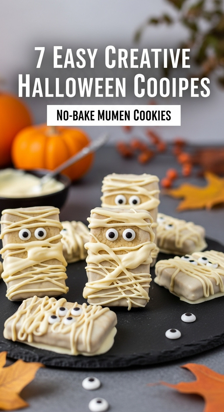No-Bake Mummy Cookies On A Dark Slate Platter With White Chocolate Bandages And Candy Eyes, Scattered Candy Eyes And Melted Chocolate