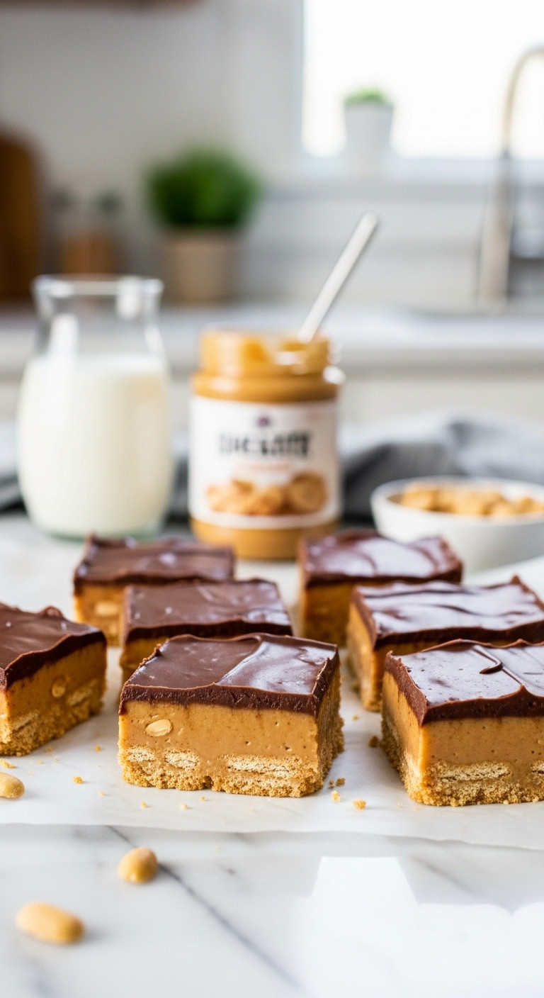 No-Bake Peanut Butter Bars With Graham Cracker Base And Shiny Chocolate Topping On Parchment Paper, Ready To Enjoy.