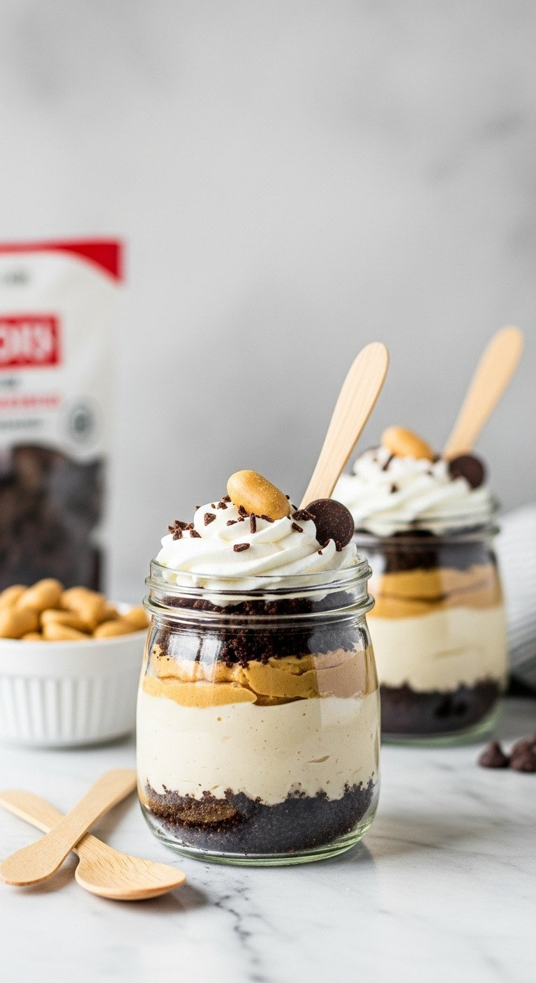 No-Bake Peanut Butter Cheesecake Jars With Layered Crumbs, Cream, Peanut, And Chocolate Shaving On A Marble Counter.