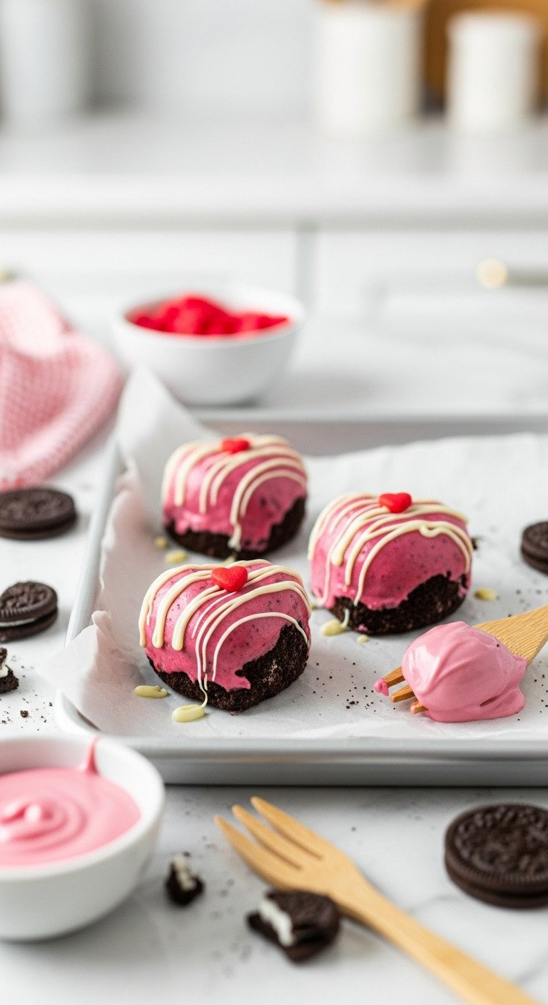 No-Bake Pink Chocolate Oreo Truffle Hearts On Parchment, Drizzled With White Chocolate And Red Candy Hearts, Sweet Dessert.
