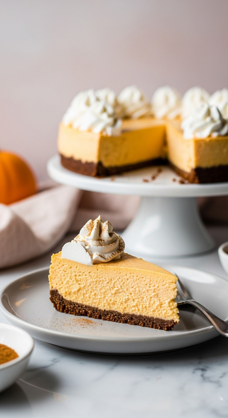 No-Bake Pumpkin Cheesecake Slice With Whipped Cream On An Elegant Plate With Cinnamon