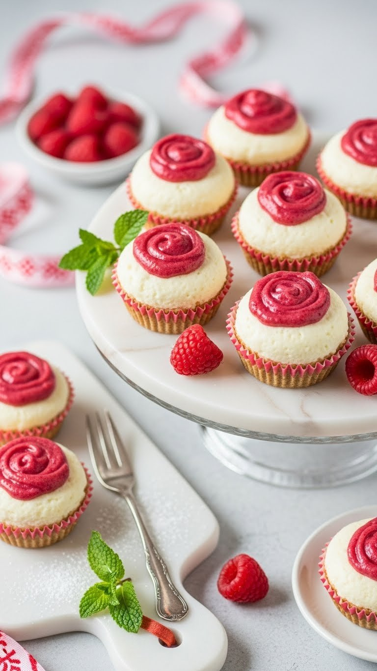 No-Bake Raspberry Cheesecake Bites With Vibrant Raspberry Coulis On Delicate Glass Cake Stand