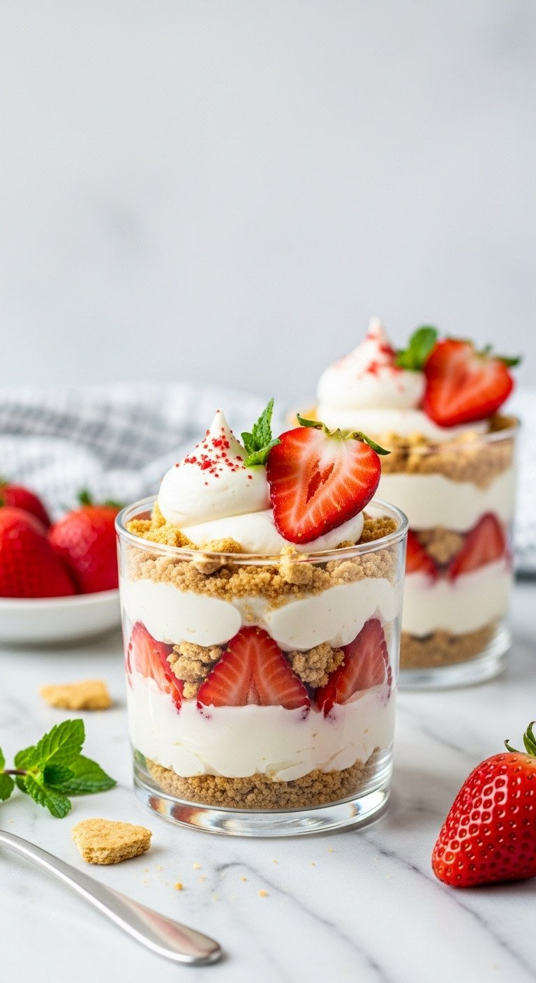 No-Bake Strawberry Cheesecake Desserts In Glass Cups With Graham Crackers, Creamy Filling, Fresh Strawberries &Amp; Whipped Cream.