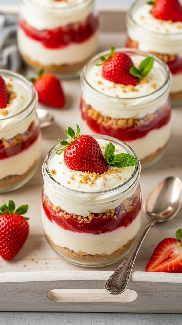 No-Bake Strawberry Cheesecake Jars With Layered Filling And Fresh Strawberry Garnish On Light Wooden Tray
