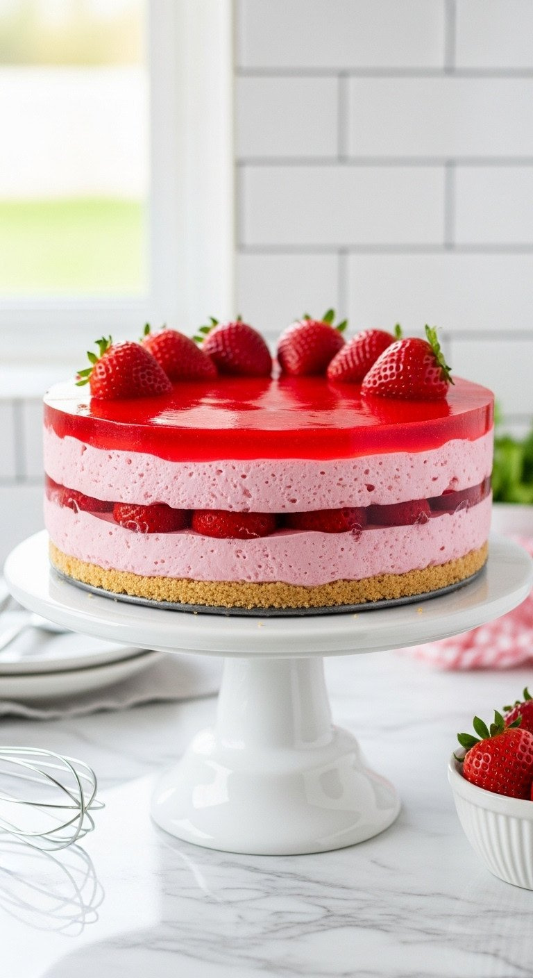 No-Bake Strawberry Mousse Cake In Springform Pan, Crust, Pink Mousse, Strawberry Gelatin, Fresh Strawberries. Light, Airy.
