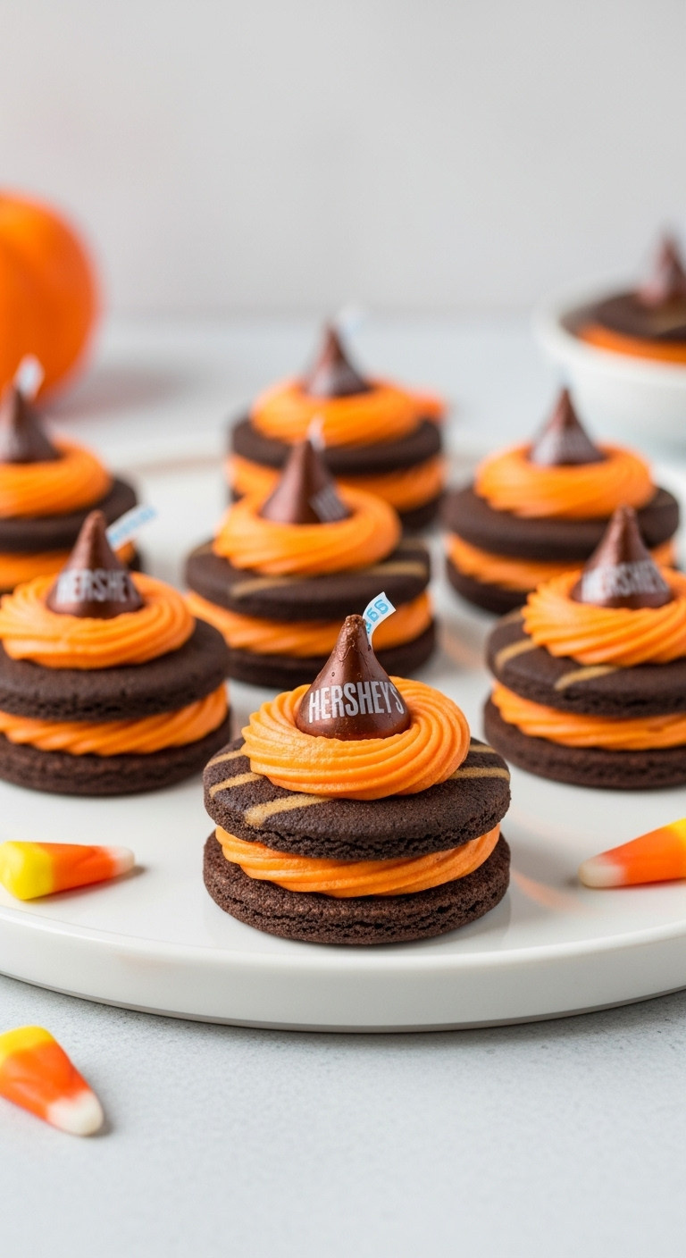 No-Bake Witch Hat Cookies With Fudge Stripes, Vibrant Orange Frosting, Hershey's Kiss, And Candy Corns On A White Plate.