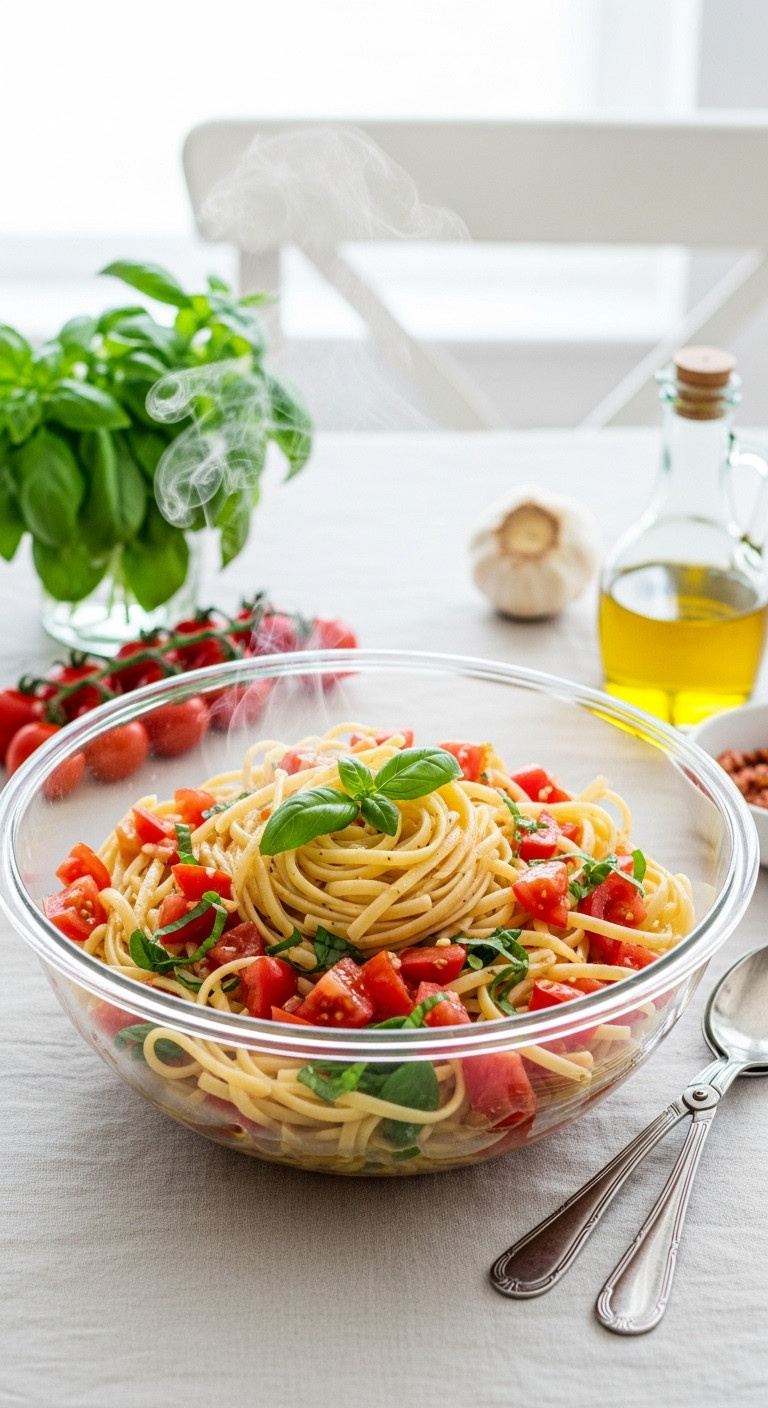 No Cook Tomato Basil Pasta With Linguine Chopped Tomatoes Garlic Olive Oil And Basil In A Glass Bowl