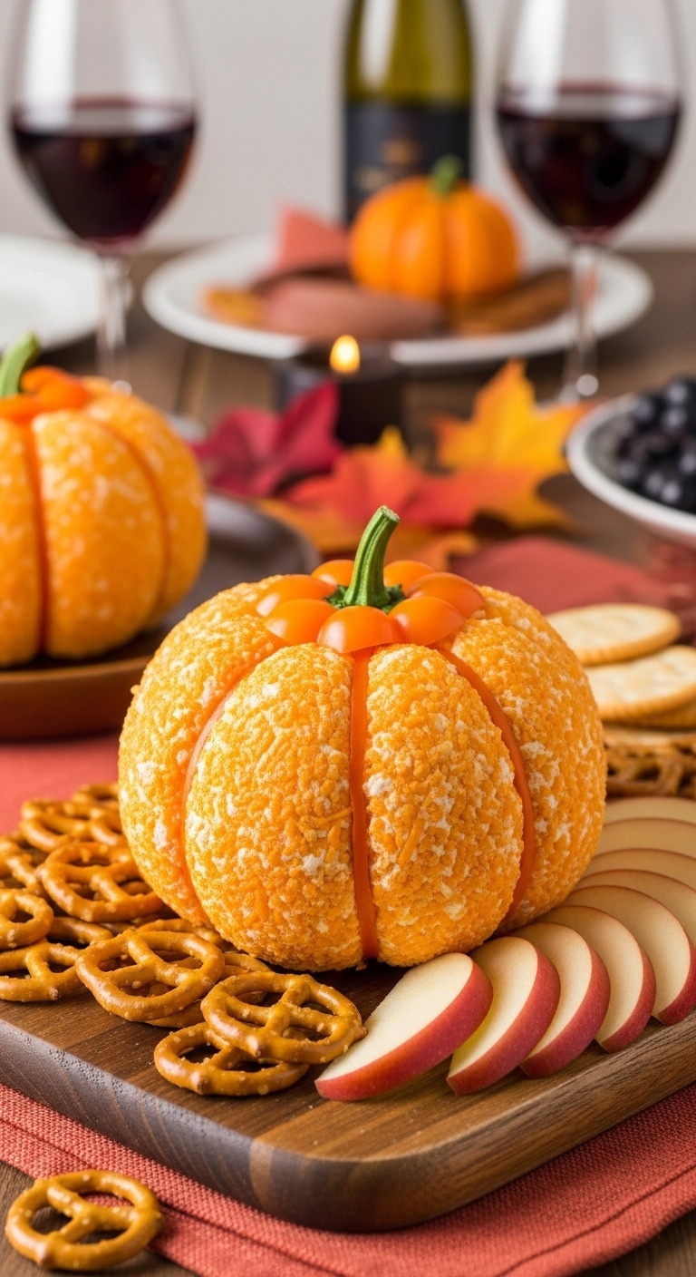 No Fuss Savory Pumpkin Cheese Ball With Cheese Puff Coating And Bell Pepper Stem On A Wooden Board