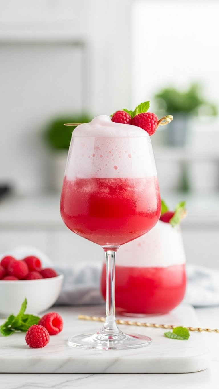 Non-Alcoholic Raspberry Cloud Dream Mocktail With Jewel-Toned Pink Base And White Foam Garnished With Fresh Berries.