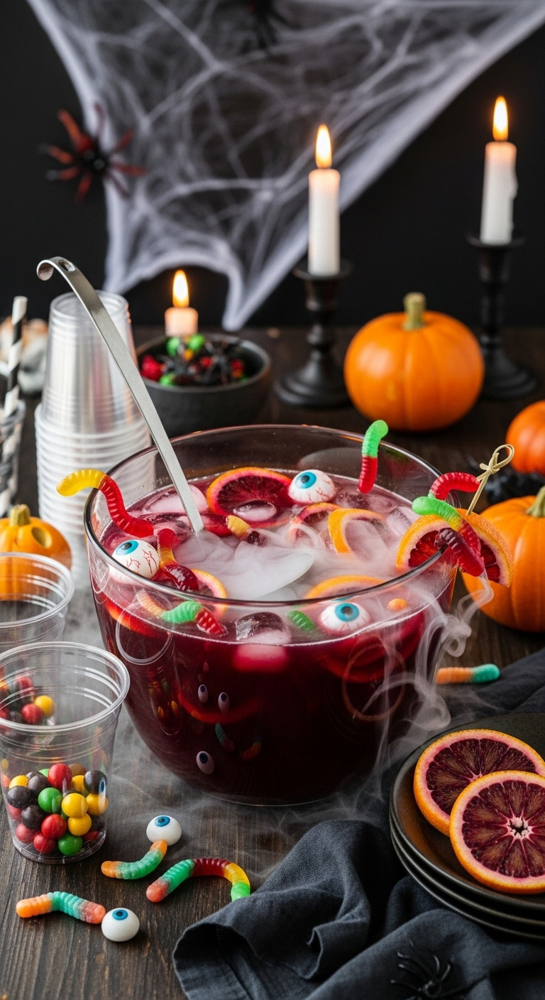 Non-Alcoholic Vampire Punch In Bowl With Gummy Worms, Eyeballs, Blood Orange, Misty Effect For Halloween Party.