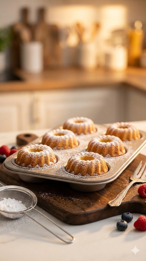 Non-Stick Mini Bundt Pan With Six Golden Brown Cakes Dusted With Powdered Sugar On Dark Cutting Board.