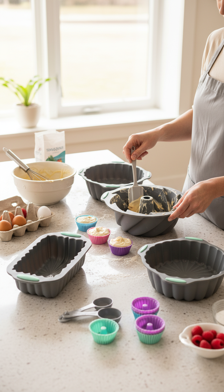 A Photo Collage Showing The Silicone Pans In Use: One Filled With Batter, One With A Finished Cake, And One Being Flexed To Show Its Flexibility.