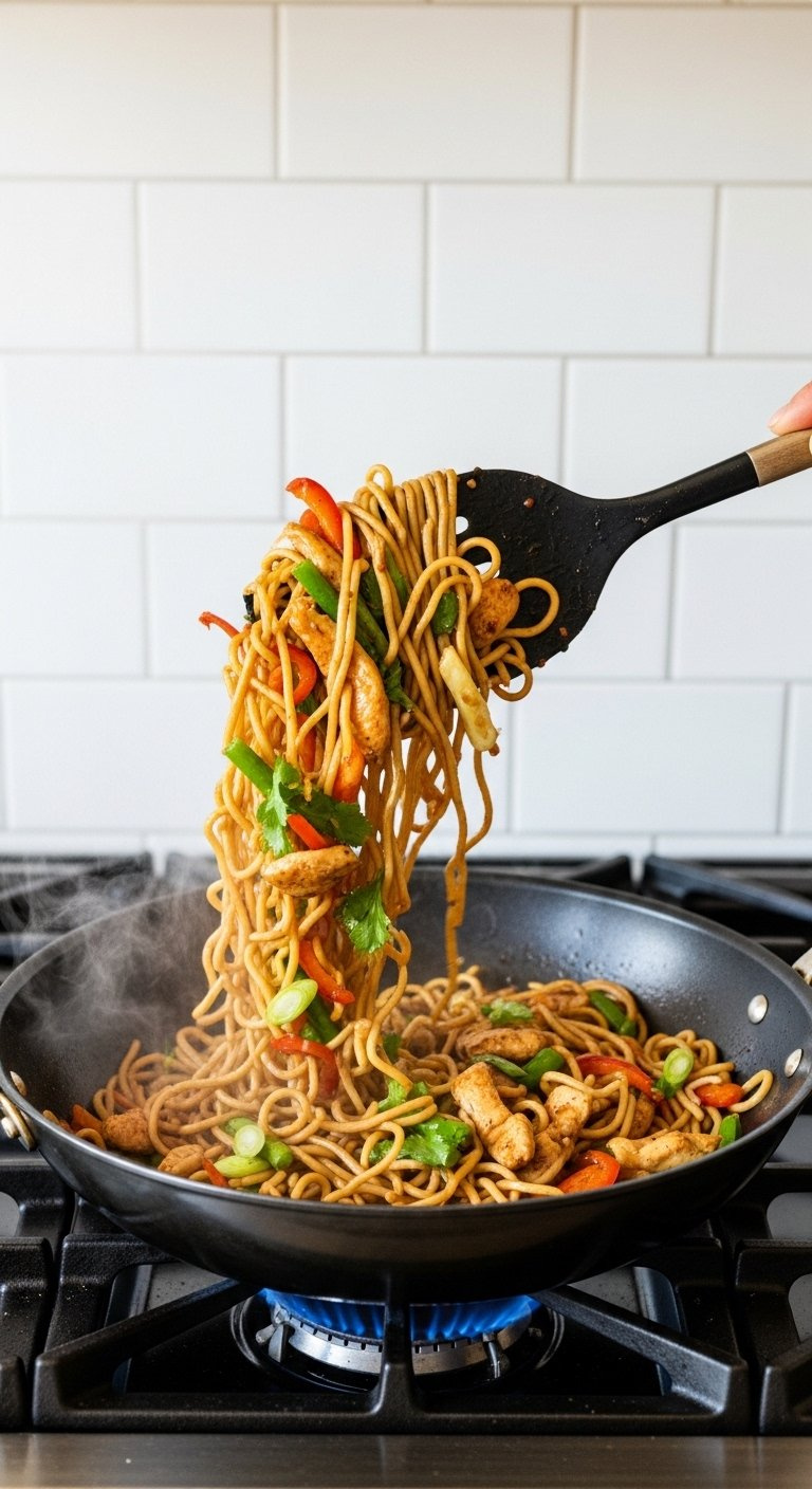 Noodles, Chicken, And Colorful Vegetables Are Dynamically Tossed In A Seasoned Wok With Savory Sauce And Steam Rising, Creating Delicious Stir-Fry.