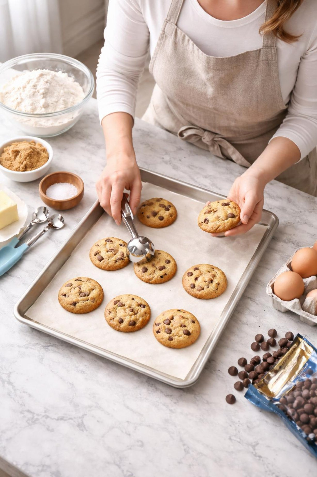 A Nordic Ware Naturals Half Sheet Pan Next To A Dark Non-Stick Competitor Pan, Both Holding Baked Cookies To Show The More Even Browning On The Nordic Ware Pan.