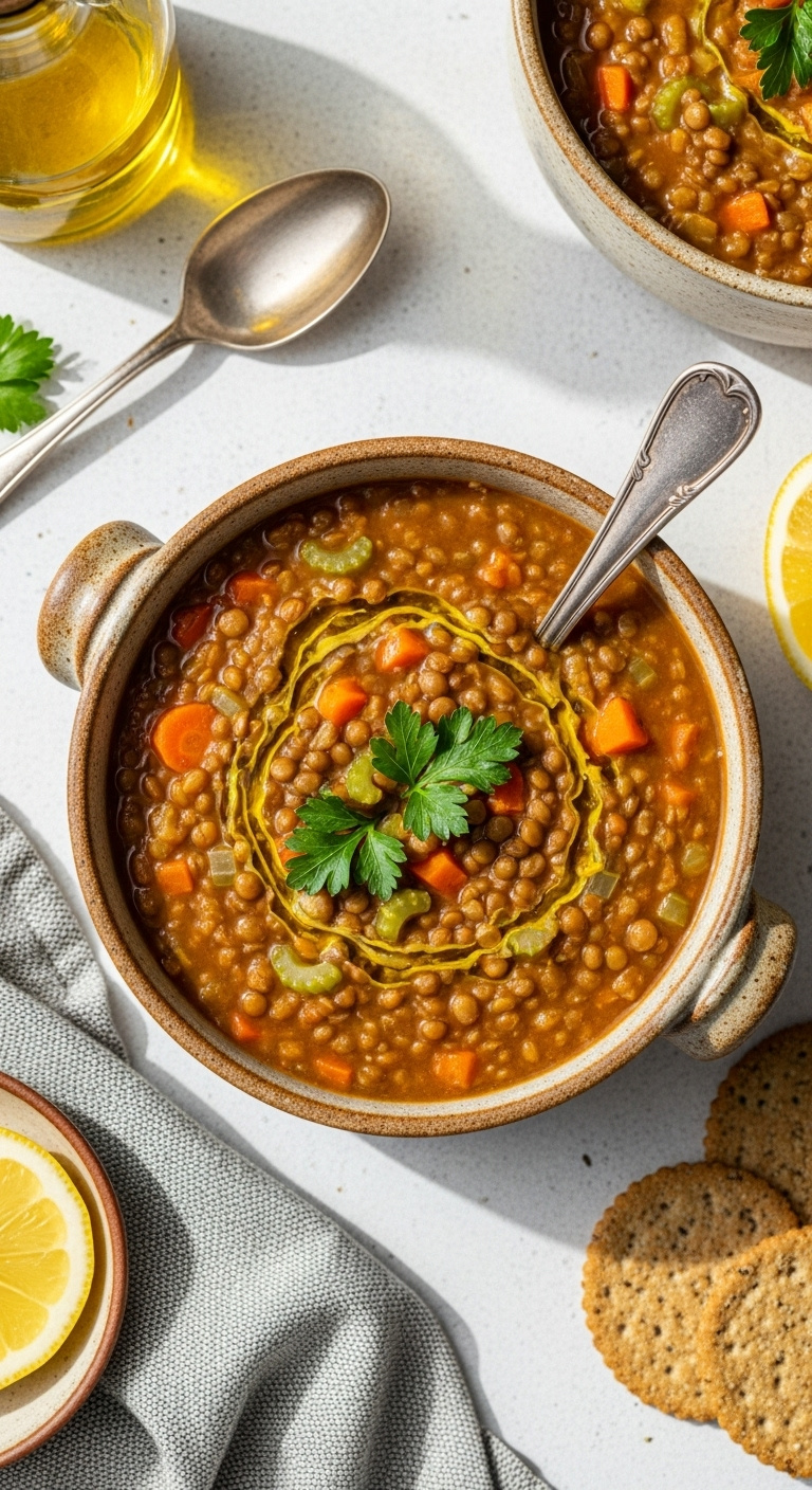 Nourishing Slow Cooker Lentil Soup With Carrots Celery Olive Oil And Parsley In A Rustic Pottery Bowl