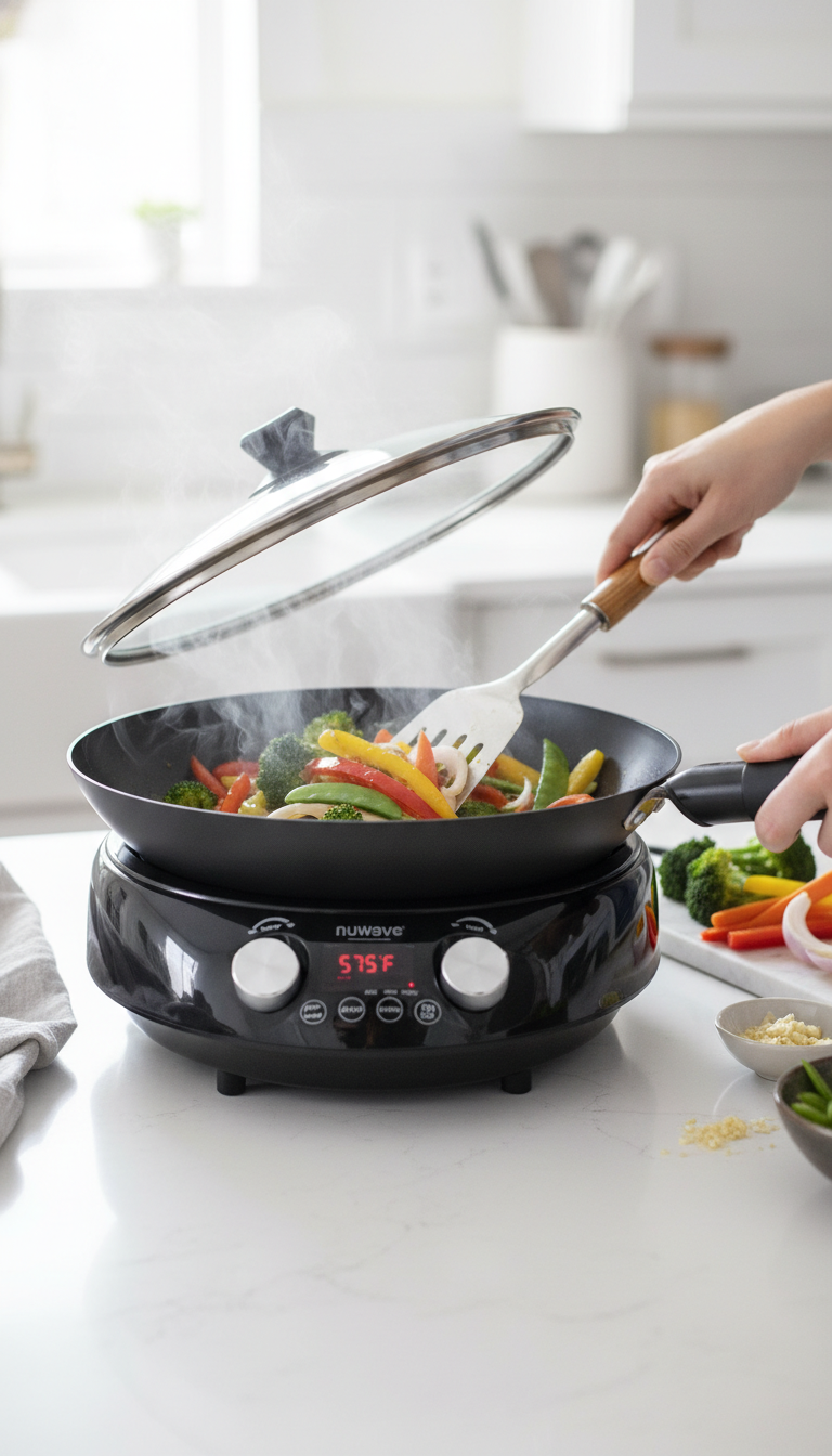A Photo Of The Nuwave Mosaic Wok On A Kitchen Counter With An Infrared Thermometer Pointed At The Cooking Surface.