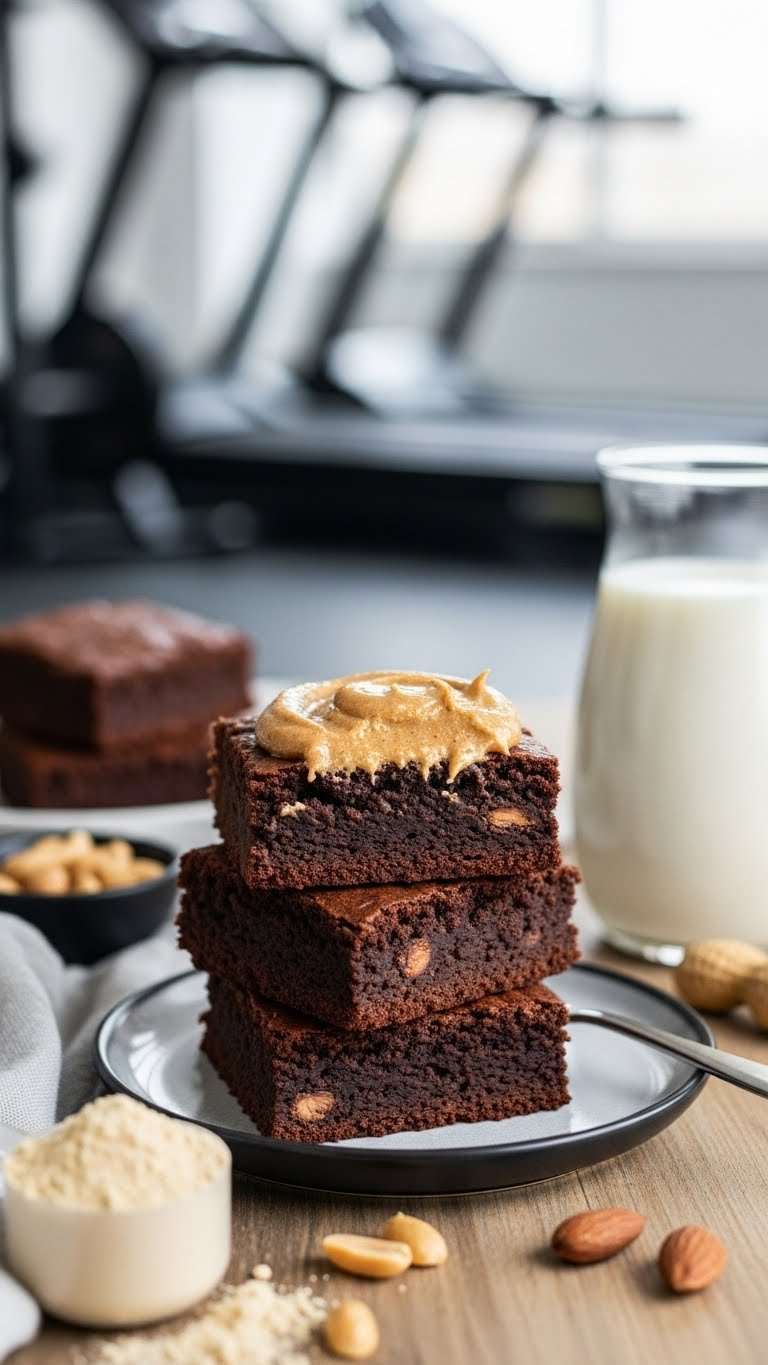 Nut Butter Protein Brownies With Creamy Swirl On Dark Ceramic Plate
