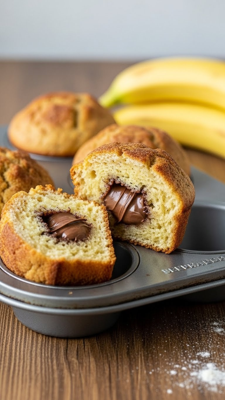 Nutella Stuffed Banana Bread Muffins, Creamy Filling, Golden Brown, In A Muffin Pan On Rustic Wood.