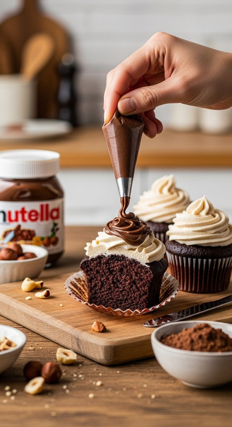 Nutella Filled Chocolate Cupcakes With Hazelnut Buttercream, One Being Filled With Nutella By Spoon, Rustic Table, Golden Light.